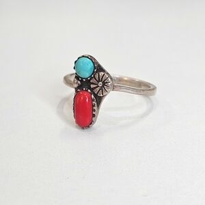Sterling Silver Turquoise Red Coral Navajo Ring 925  Size 8.5 US